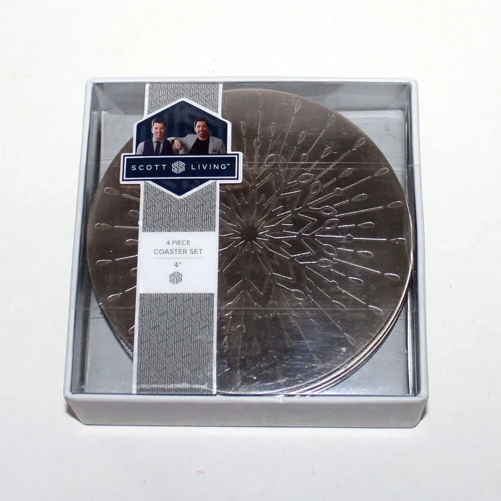 Scott Living 4 Coasters set stainless steel silver round Drew Jonathan brothers